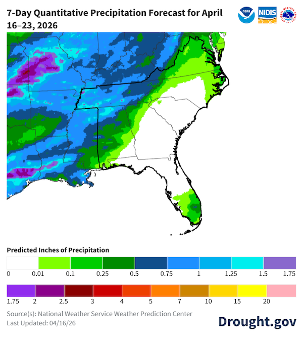 Limited rainfall is expected over the next week across most of the Southeast region, with the exception of the Tennessee-North Carolina border that could receive over half an inch of rainfall. 
