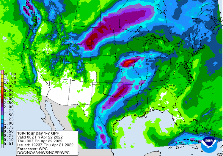 Map showing forecast accumulated precipitation for the dates of April 22-29. entral Texas through eastern Oklahoma are forecast to receive 1.5 to 3 inches while Drought-affected regions of Kansas, Oklahoma, and Texas are forecast to receive less than an inch of precipitation. Eastern New Mexico will likely miss out on this storm.