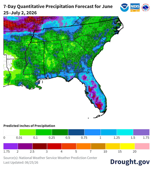 Rainfall totals will vary over the next 7 days in the Southeast. Most of the region will receive less than 0.50 inches of rain over the period. Most of Florida is expected to receive over 1.00 inch of rain, with some localized areas receiving over 2.5 inches. 