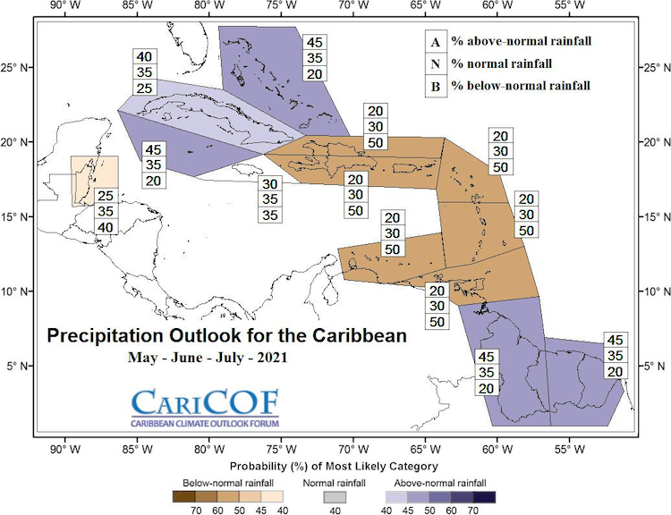 Precipitation outlook for the Caribbean from May-July 2021. Shows a higher chance of below-normal precipitation for Puerto Rico and the U.S. Virgin Islands.
