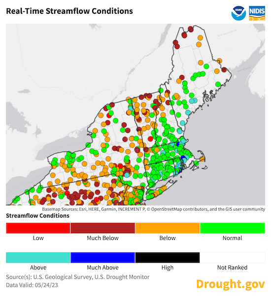 As of May 23, real-time streamflow is below or much below normal for many sites across New York, Vermont, northern New Hampshire, and northern Maine.