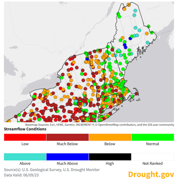 As of June 9 23, real-time streamflow is below or much below normal for many sites across New York and New England. The highest streamflows are in Maine.