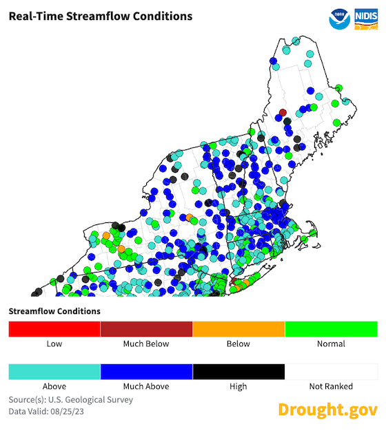 As of August 22, real-time streamflows are near to above normal across much of the Northeast.