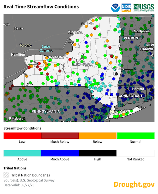 As of September 27, many real-time streamflows are below normal in Western New York, while streamflows are near to above normal across the rest of the state. 