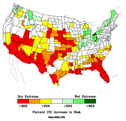 A map of the United States shows the composite precipitation during La Nina by climate division for February through April.  Based on history, dry extremes are expected in the southwestern US, the south central US, and the southeastern U.S. 
