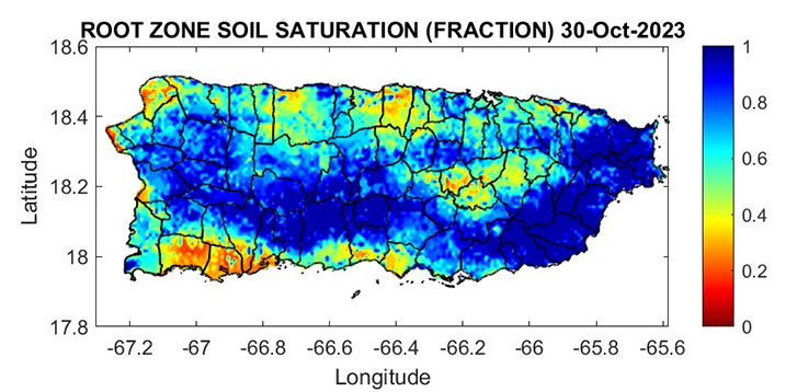 Root zone soil saturation is low in isolated areas (like the southwestern corner of Puerto Rico), but otherwise, root zone soil saturation is high across much of Puerto Rico.