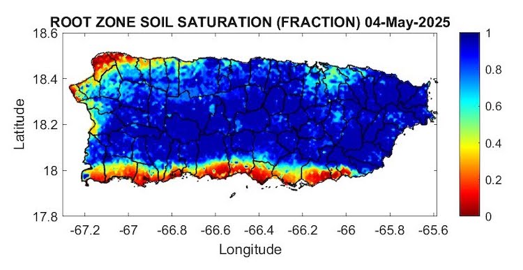 Soils in Puerto Rico are mostly saturated, except in the southernmost and northwest coastal areas.