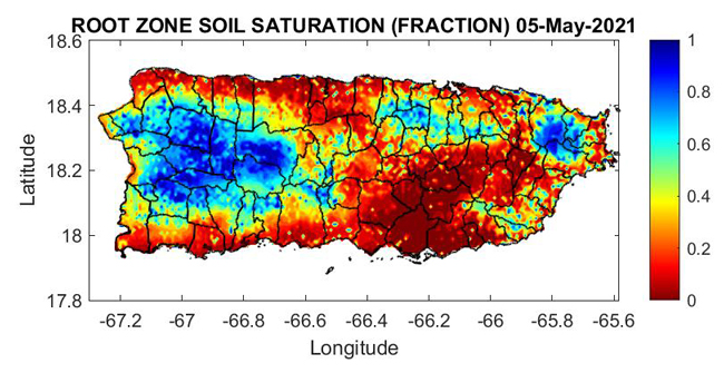 Root zone soil saturation for Puerto Rico, as of May 5, 2021. Shows ow soil moisture is observed across the majority of Puerto Rico, except across areas of eastern Puerto Rico as well as the western interior of the island.