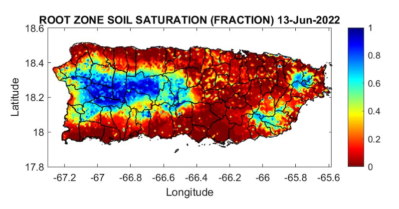 Root zone soil saturation across Puerto Rico as of June 13, 2022. 