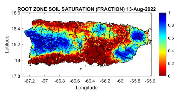 Root zone soil saturation across Puerto Rico as of August 13, 2022. 