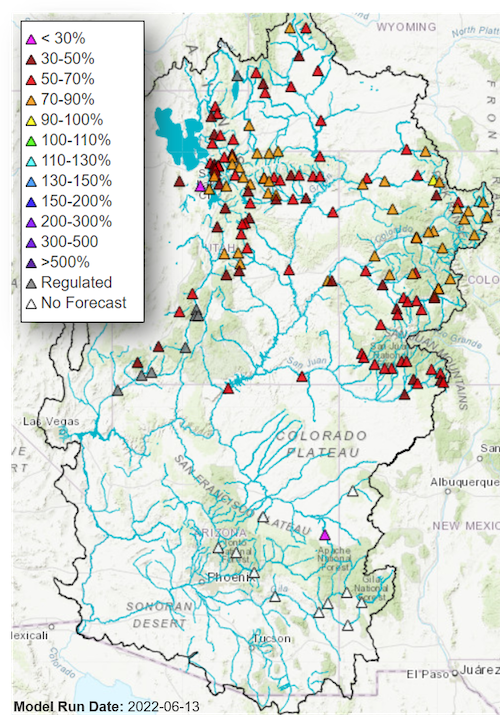 Map of the Upper Colorado River Basin with a marker at each stream gauge along the Colorado River, its major tributaries and the eastern Great Basin. Most markers indicate between 35% and 85% of runoff is forecast for the April-July period.