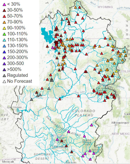 Map of the Upper Colorado River Basin with a marker at each stream gauge along the Colorado River, its major tributaries and the eastern Great Basin. Most markers indicate between 40% and 100% of runoff is forecast for the April-July period.