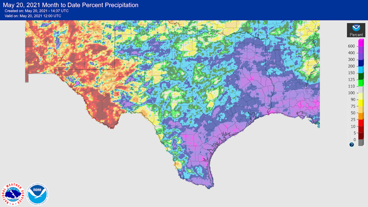 May month to date percent of normal precipitation for Southern Texas (through May 20, 2021). May rainfall across most of drought-affected southern Texas has been greater than 150% of the historical monthly mean. 