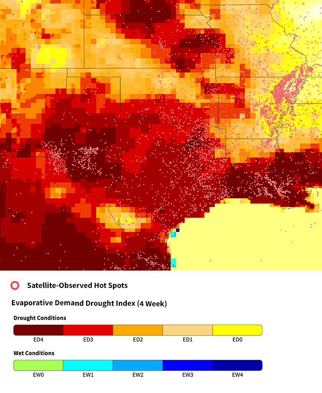 A map of the southern plains regions showing high values of evaporative demand and increased fire activity for western Texas, near Midland, and across southern Texas and Lousianna.