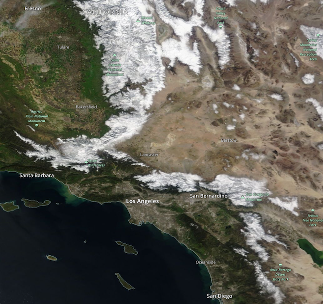 A satellite image from EOS worldview of snowpack in the San Bernardino Mountains near the southern coast of California from San Diego to Santa Barbara.