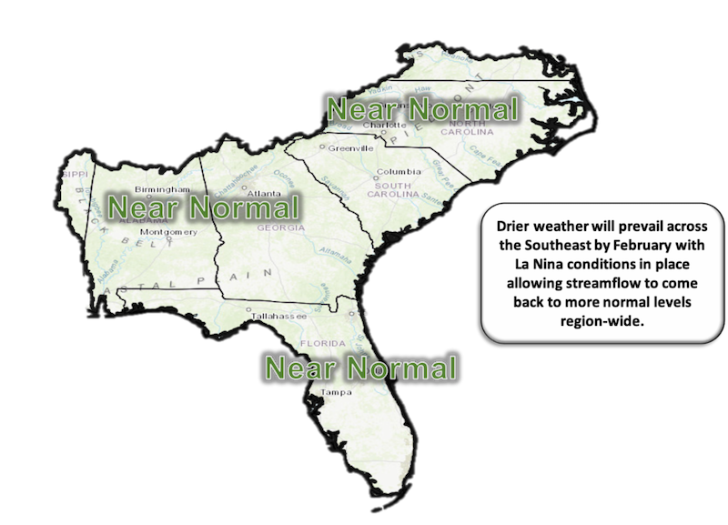 Streamflow forecast map of the Southeast. Streamflow forecast trends near normal across the entire Southeast by February and March.