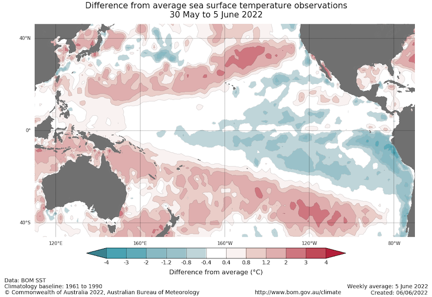 Map of the Pacific Ocean showing sea surface temperature anomalies (in degrees Celsius) for 30 May to 5 June, 2022. A pool of cool water lingers in the central equatorial pacific, consistent with a la Niña pattern.