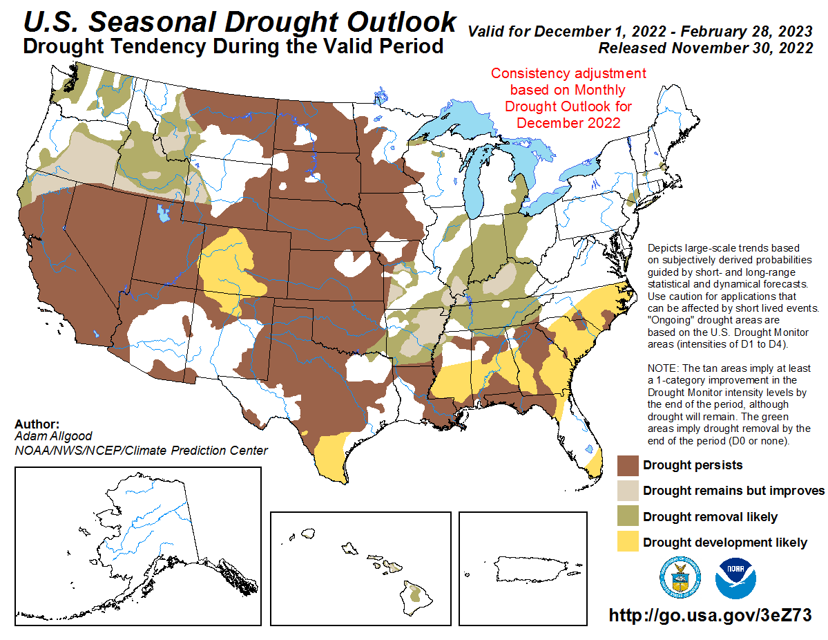 A below-average peak wet season is anticipated for central to southern California and the Southwest, favoring drought persistence, while drought reductions are favored for the Northwest and northern Intermountain West. Little additional drought development is forecast for the Four Corners region due to lingering effects from a robust summer monsoon, though some development is favored for southeastern Colorado where initial conditions are considerably drier. 