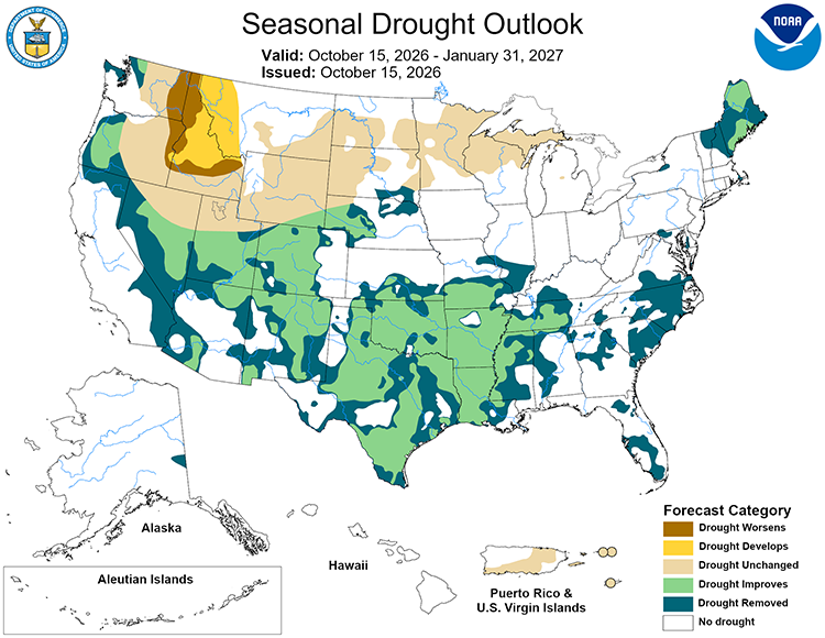 U.S.seasonal drought outlook map shows drought improvement and removal for drought areas across the southern tier of the U.S., including south/central Nevada and California. Drought is forecasted to remain unchanged in north central and northwestern Nevada. 