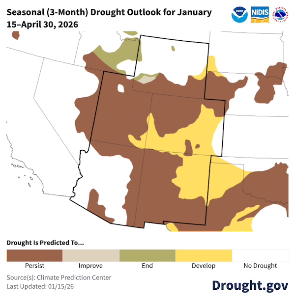 Existing drought is predicted to persist and expand in much of the region over the next three months, with some improvements in Wyoming.