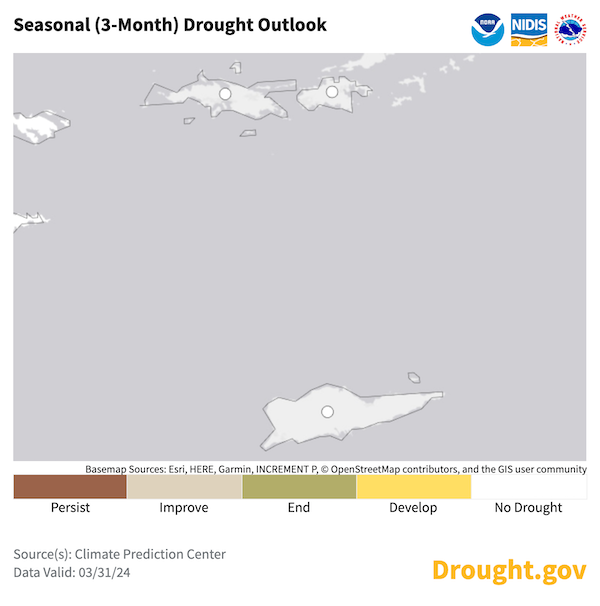 No drought development is predicted for the U.S. Virgin Islands from April to June 2024.