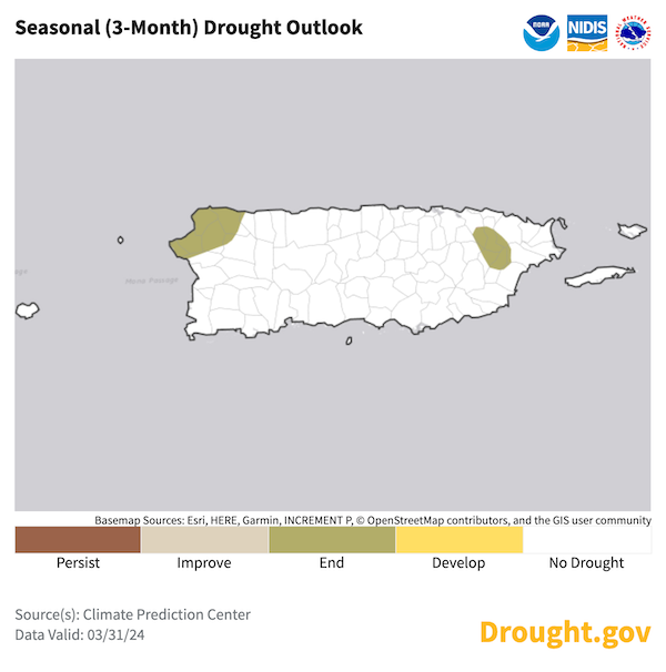 Drought in northwestern and eastern Puerto Rico is predicted to be removed from April to June 2024.