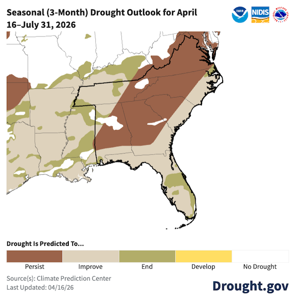 : Drought is expected to improve or end for all of Florida and coastal areas of the Southeast. Drought is forecast to persist for the rest of the region over the next three months. 
