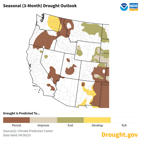 For May to July 2023, drought is projected to develop in Washington and part of New Mexico. In the rest of the West, existing drought is expected to persist, with some improvement forecast for Wyoming and Montana.
