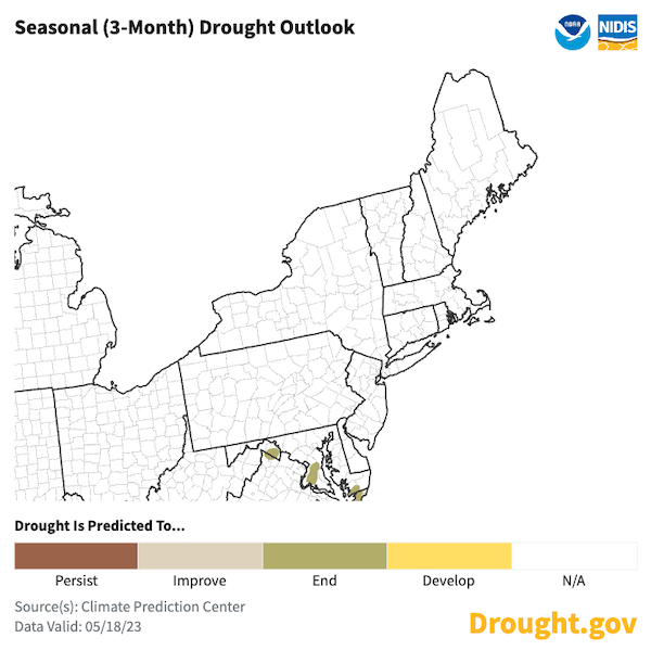 No drought is currently present in the Northeast, and no drought is expected to develop from May 18 to August 31.