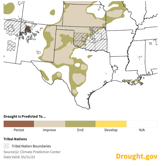 Drought is forecast to improve through August 2023 in the Southern Plains, with some areas of drought removal.