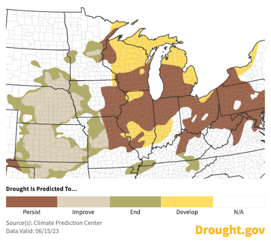 The seasonal drought outlook for June 15-September 30, 2023 shows that drought is likely to persist and expand across the Midwest.