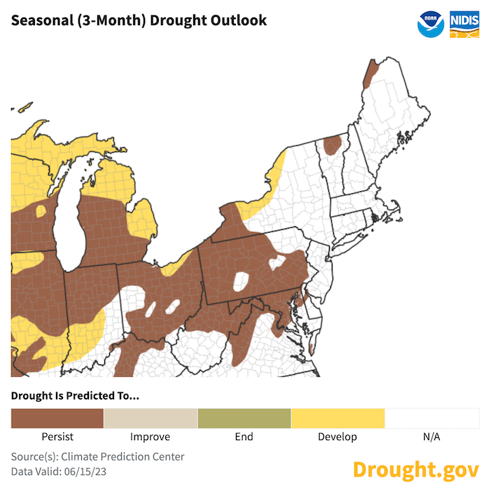 From June 15th to September 31, existing areas of drought are expected to persist in the Northeast and Mid-Atlantic. Drought is projected to develop over parts of inland New York state.