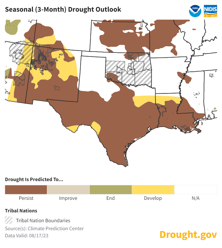 Drought is forecast to persist or develop across much of Texas and New Mexico from September to November 2023.