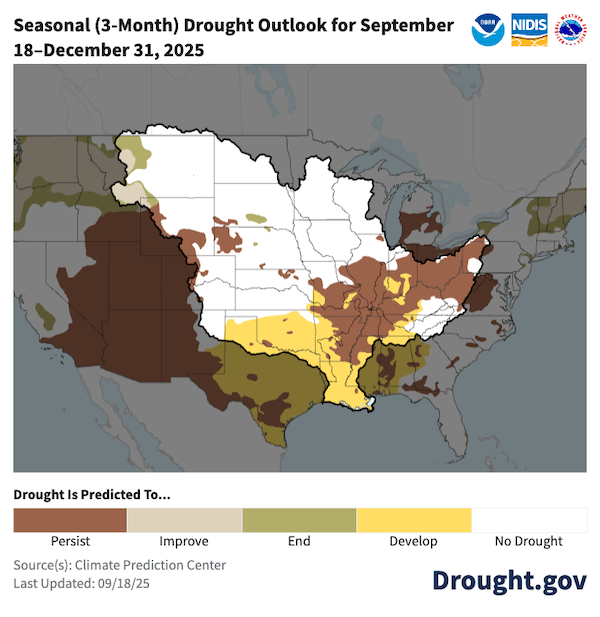 From September 18 to December 31, drought is forecast to expand and persist across much of the Lower Mississippi, Ohio, Tennessee, Arkansas-White Red, and (lower parts of the) Upper Mississippi River Basins.
