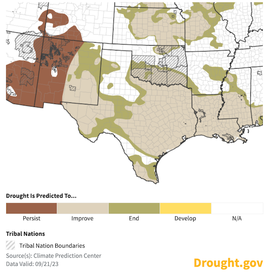 Drought is forecast to improve for much of the Southern Plains from October to December 2023.