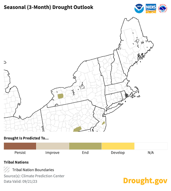From September 21 to December 31, drought removal is projected for the small area of drought in western New York.