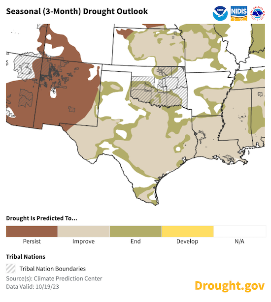 For most of the Southern Plains, drought is forecast to improve but persist through late winter.