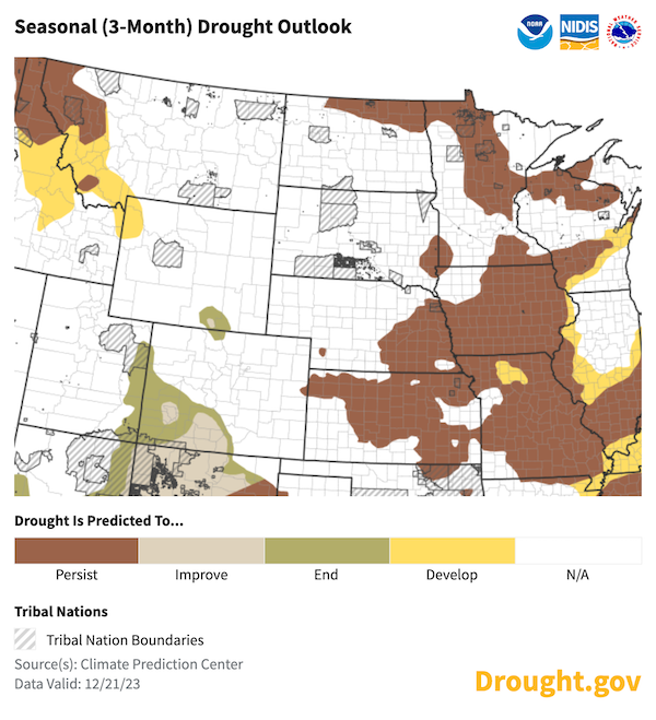 Drought is expected to persist throughout the winter (December 21, 2023 through March 31, 2024) across areas already in drought including Nebraska, Kansas, Iowa, Missouri, and northern North Dakota.