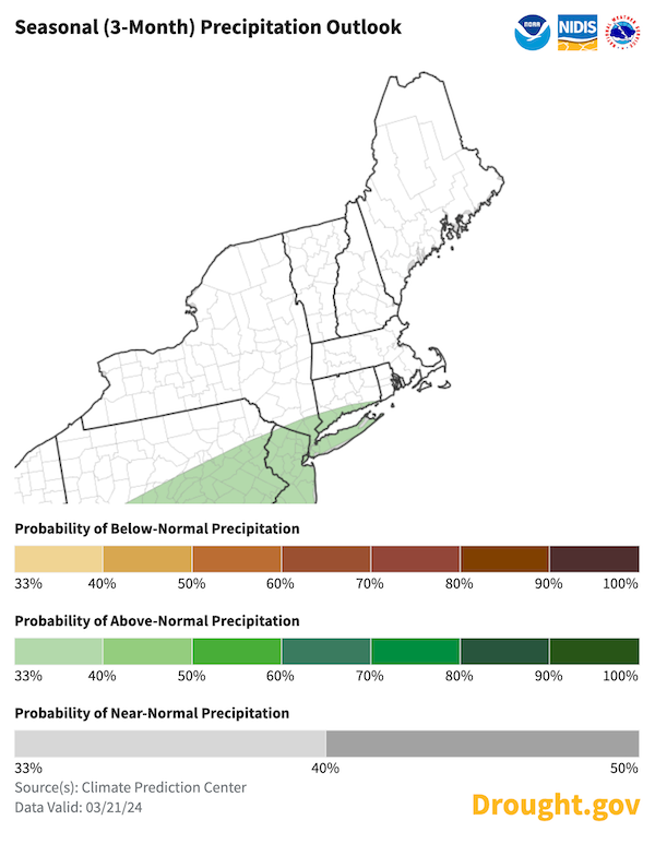 In the Northeast, there are equal chances of above-, below-, or near-normal precipitation from April to June 2024.