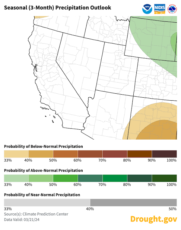 Seasonal forecasts indicate equal chances of above, below, or near normal conditions across California-Nevada and much of the Southwestern U.S. 