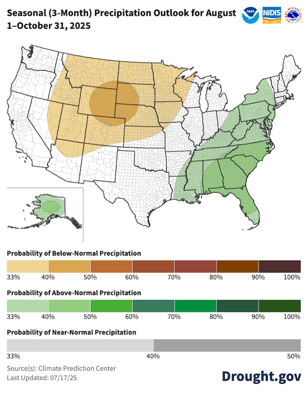 Dry conditions are favored in the north central US and interior Western United States with the greatest chances for dry conditions in Southeast Montana, eastern Wyoming, northern Colorado, Western South Dakota and Western Nebraska. Wetter conditions are favored in much of the Eastern U.S. from the Ohio River Valley east to Atlantic Coast and from New York south to Florida and Louisiana.