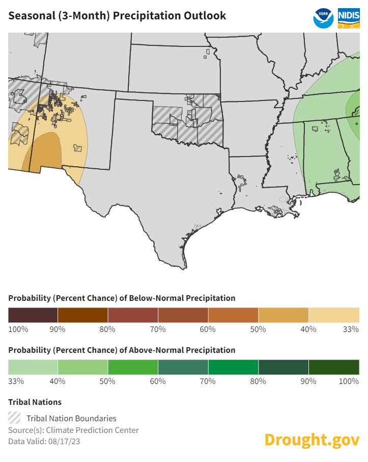 From September to November 2023, most of the Southern Plains has equal chances of above- or below-normal precipitation, with slight chances for above-normal precipitation in western Texas and eastern New Mexico.