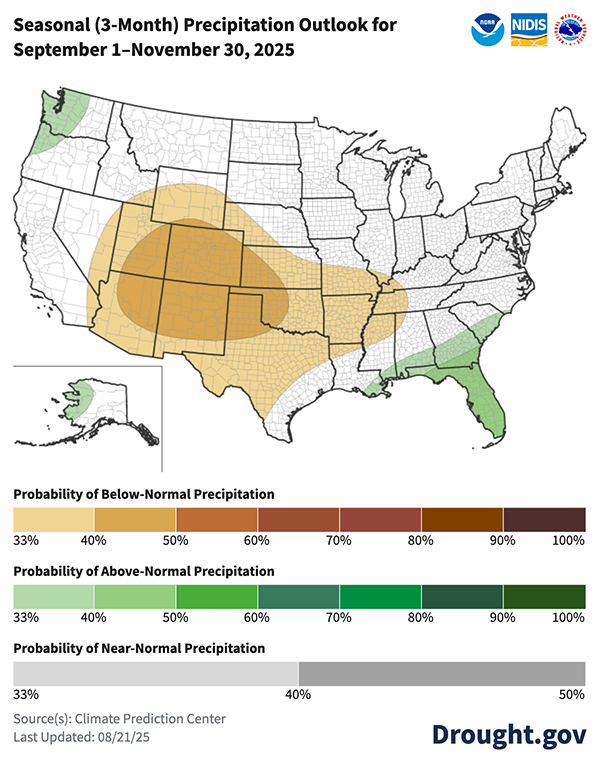 Dry conditions are favored in the Southwest and Central Rocky Mountains, through the Southern Plains to the Mississippi River. The greatest chances for dry conditions are in the Four Corners States and western portions of Texas, Oklahoma, and Kansas. Wetter conditions are favored in the Southeast, Northwest, and the Northwest Coast of Alaska.