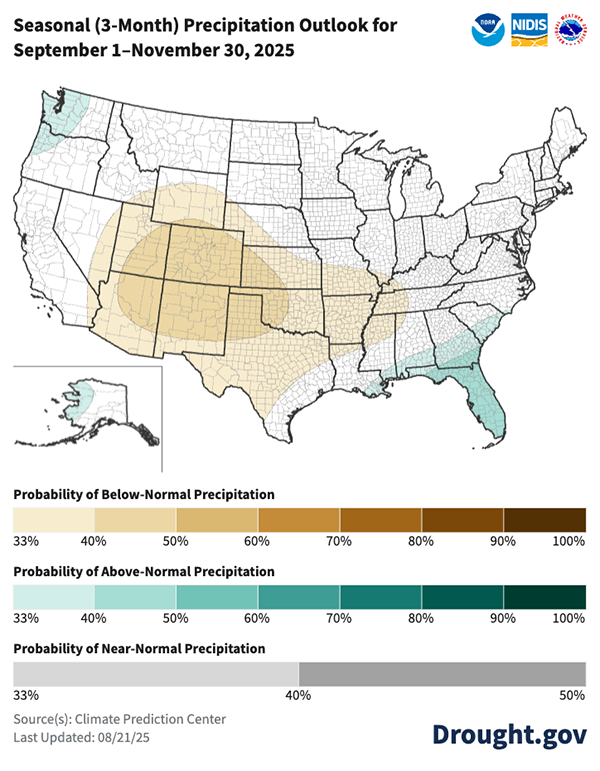 Dry conditions are favored in the Southwest and Central Rocky Mountains, through the Southern Plains to the Mississippi River. The greatest chances for dry conditions are in the Four Corners States and western portions of Texas, Oklahoma, and Kansas. Wetter conditions are favored in the Southeast, Northwest, and the western Coast of Alaska. 