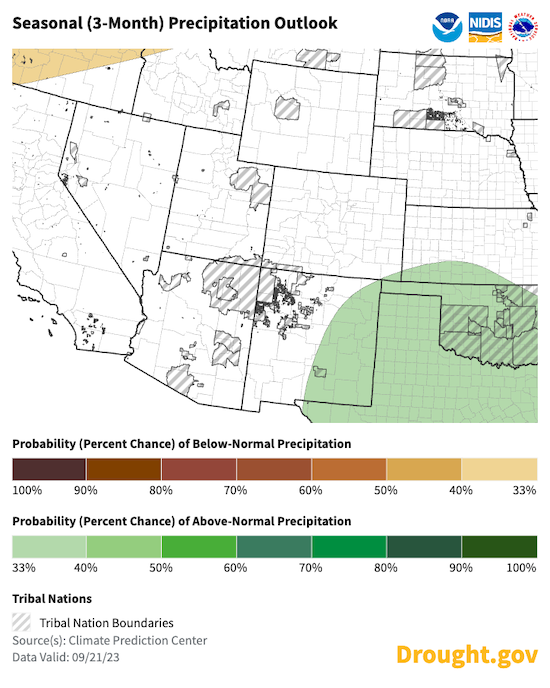 In southeastern New Mexico there is a 33%-40% chance of above-normal precipitation this fall for October - December 2023. 