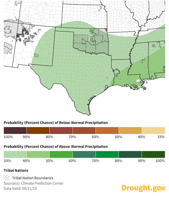 From October to December 2023, odds slightly favor above-normal precipitation across Texas, eastern New Mexico, and Oklahoma, with equal chances of above- or below-normal precipitation in most of Kansas and western New Mexico.
