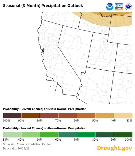 For October 19, 2023 through January 31, 2024, there are equal chances of above or below normal precipitation across California and Nevada.