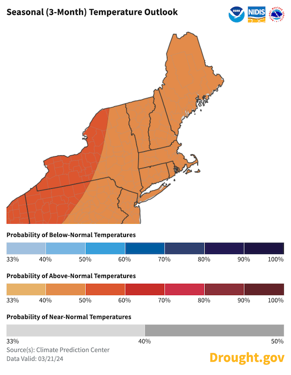 In the Northeast, odds favor above-normal temperatures for April to June 2024.