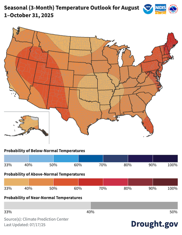 Above-average temperatures are favored across the United States over the next 3 months. The interior Western United States, South Florida, and the Northeast have the greatest odds of above normal temperatures.