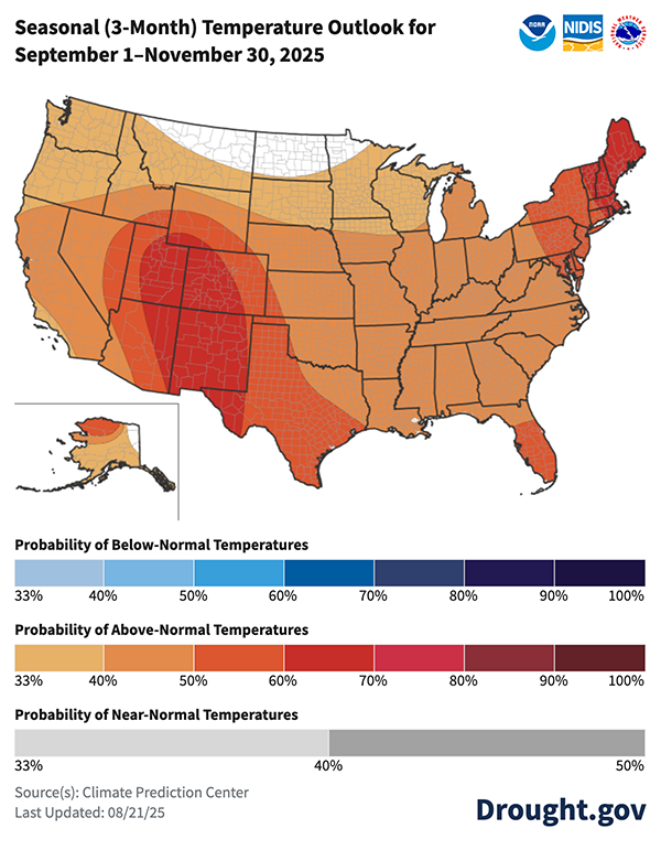 Above-average temperatures are favored across all of the country but the northernmost portion of the Great Plains along the Canadian border over the next 3 months. The Southwest and New England have the greatest odds of above normal temperatures.